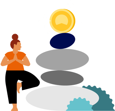 A woman doing a yoga pose next to a stack of rocks that has a coin with the Betterment logo on it at the top.