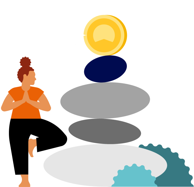 A woman doing a yoga pose next to a stack of rocks that has a coin with the Betterment logo on it at the top.