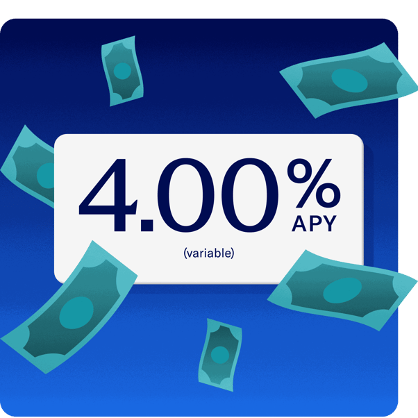 White card reading 4.00% APY (variable) on a blue gradient panel with floating teal dollar bills