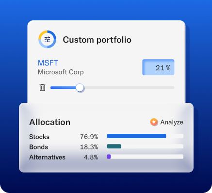 Product interface for a custom portfolio showing a MSFT weight slider at 21% and an allocation of 76.9% stocks, 18.3% bonds, and 4.8% alternatives