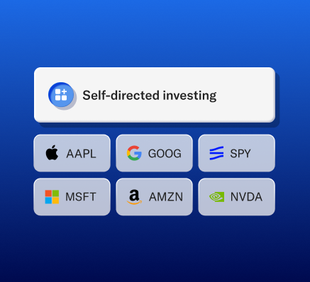 Product interface for a self-directed investing account showing stock tiles for AAPL, GOOG, SPY, MSFT, AMZN, and NVDA