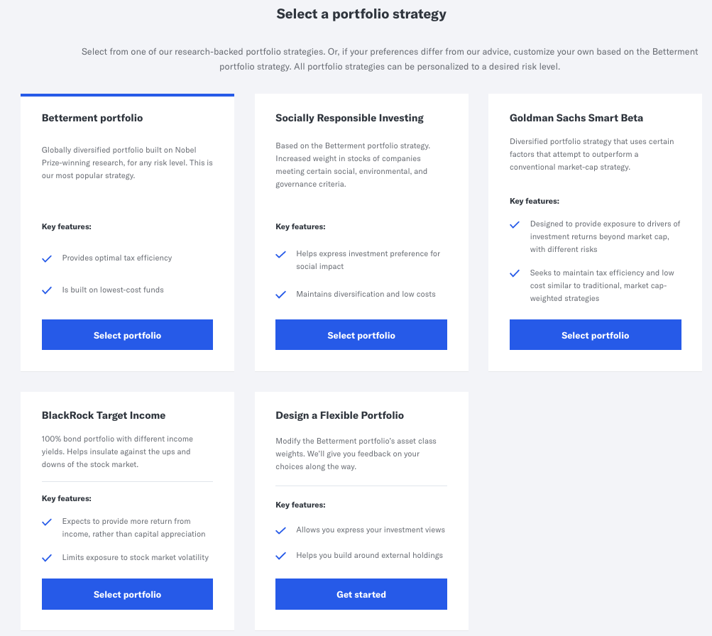 Screen showing all portfolio options at betterment