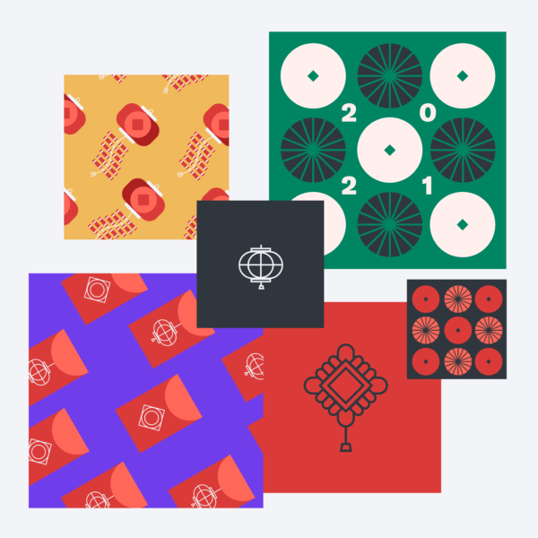 A collage of six squares showing various illustrations and patterns related to Lunar New Year 
