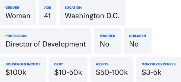 A module showing a person's characteristics. "Gender: Woman" "Age: 41" "Location: Washington. D.C" "Profession: Director of Development" "Married: No" "Children: No" "Household income: $100k" "Debt: $10-50k" "Assets: $50-100k" "monthly expenses: $3-5k"