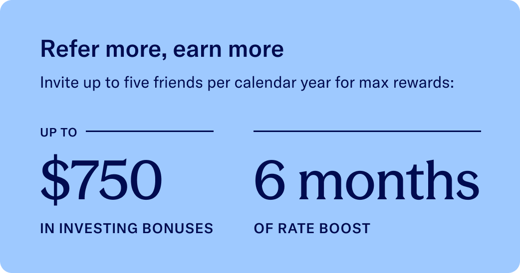 Refer more, earn more. Invite up to five friends per calendar year for max rewards. up to 750 dollars in investing bonuses, and 6 months of rate boost