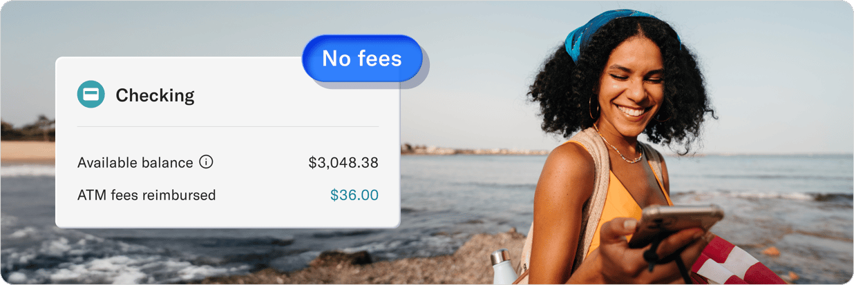 Betterment Checking account overview screen displaying an available balance of $3,048.38. A "No fees" label highlights $36.00 in ATM fees reimbursed.