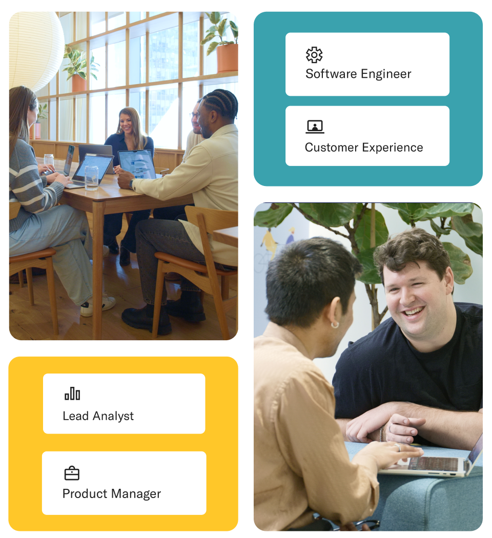 Various employees working and talking in an office with cards showing job positions including software engineer, customer experience, lead analyst, and product manager.