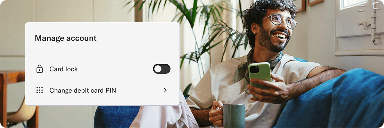 Betterment Checking "Manage account" screen displaying two card controls: a toggle to lock or unlock the debit card, and an option to change the debit card PIN.