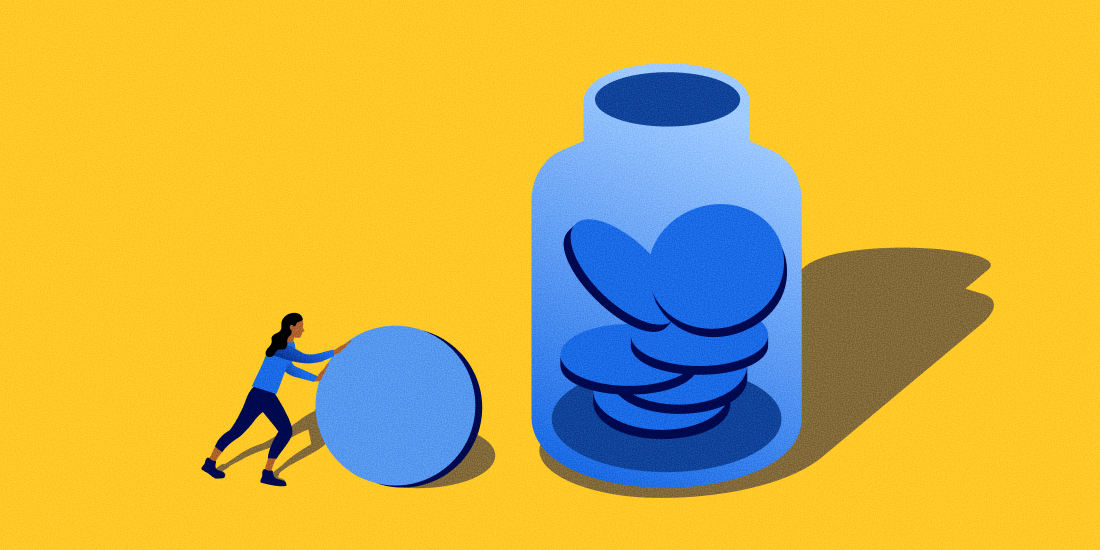 Person rolling a coin into a jar.