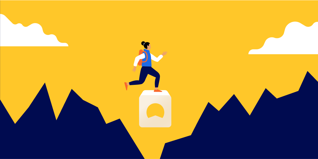 Person running through a video-game style landscape.