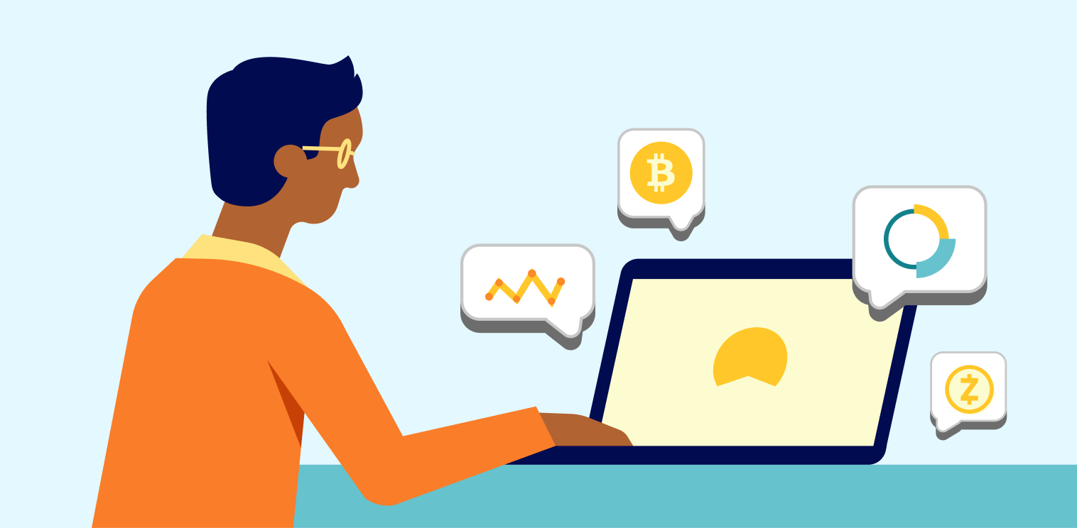 cartoon person sitting at laptop with betterment logo on screen and speech bubble abound with crypto symbols