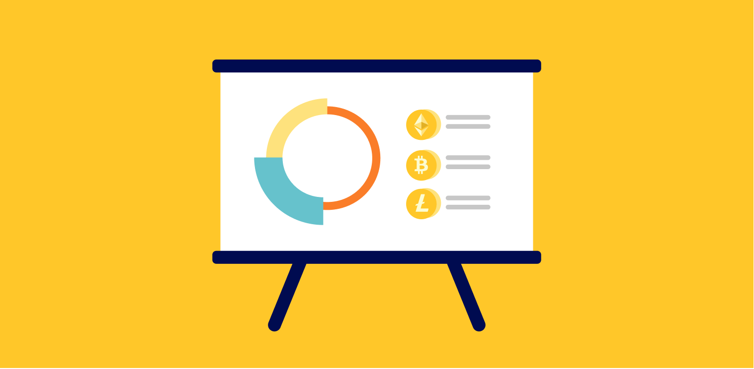 donut chart with three cryptocurrency coin symbols listed on a whiteboard