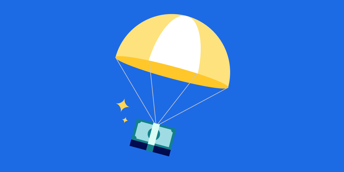 illustration of money parachuting in the sky