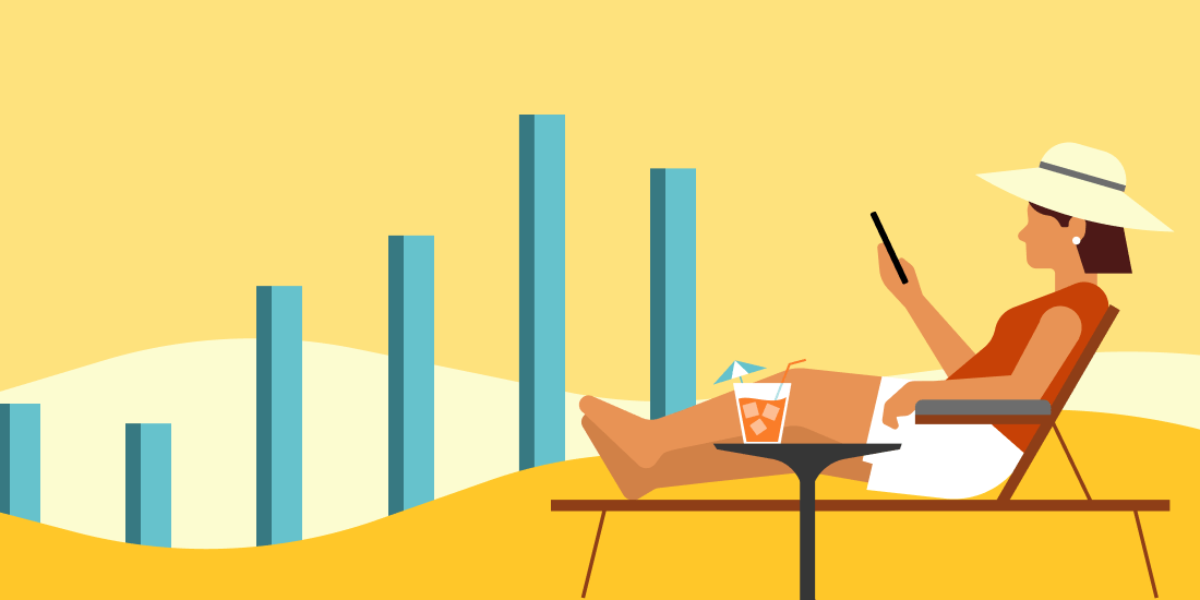 illustration of bar chart and retiree relaxing in chair