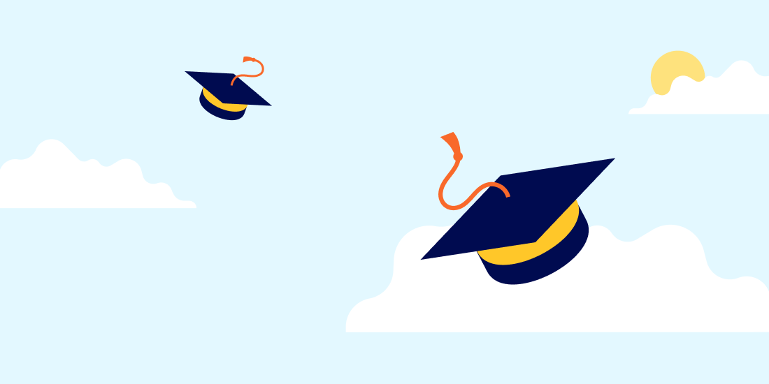 Illustration of graduation caps thrown in the air