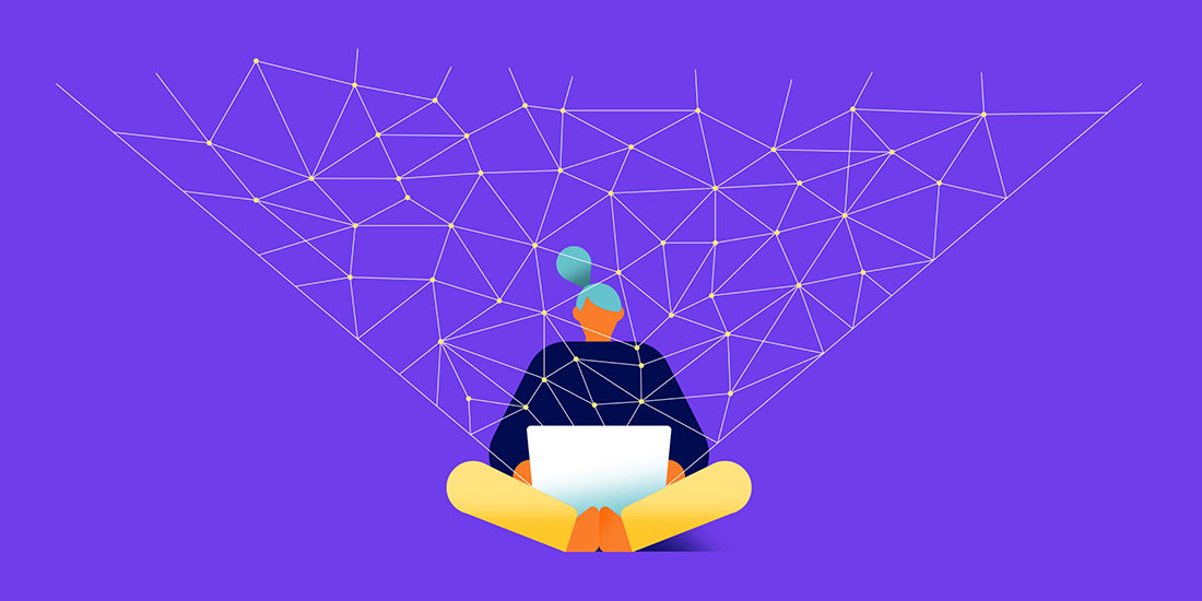 Person with a laptop which is shining out a web of connecting dots
