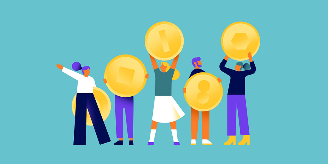 Group of people each one holding up a large coin