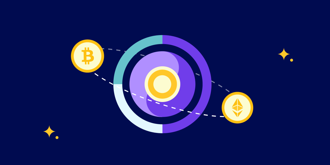 illustration of crypto coins orbiting portfolio icon