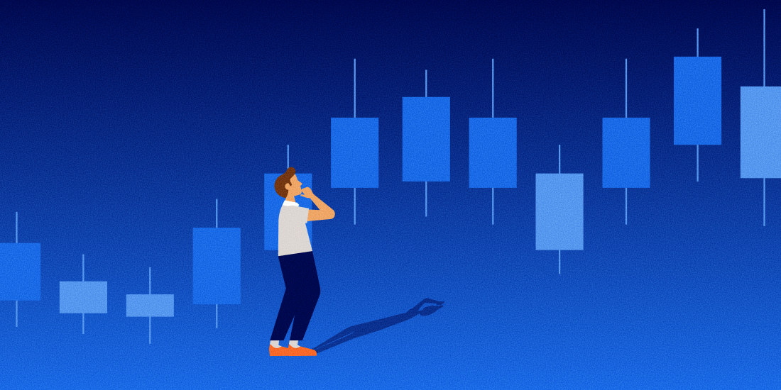 An illustration of a man looking perplexed by the sight of a candlestick chart.