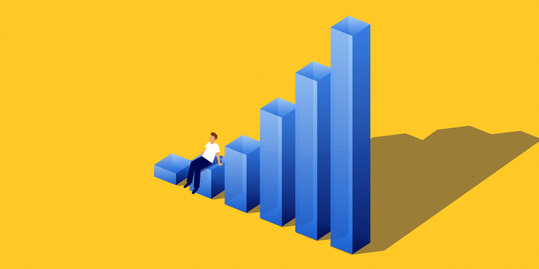 An illustration of a bar chart with a character sitting on one column.