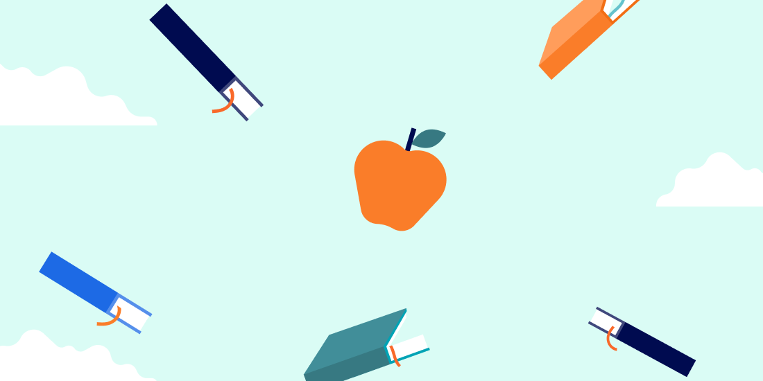 illustration of apple and books up in the air