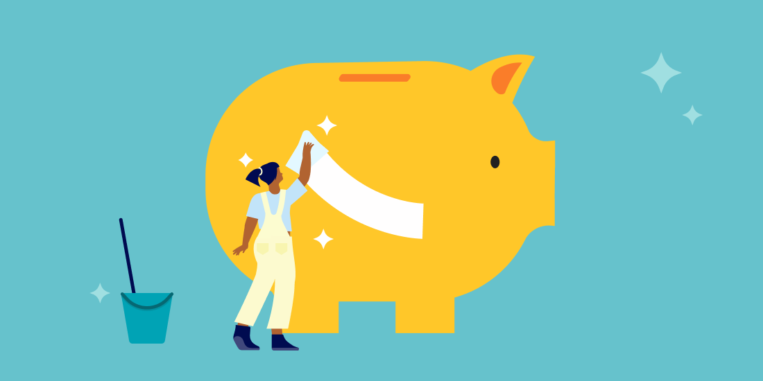 illustration of women wiping clean a giant piggy bank