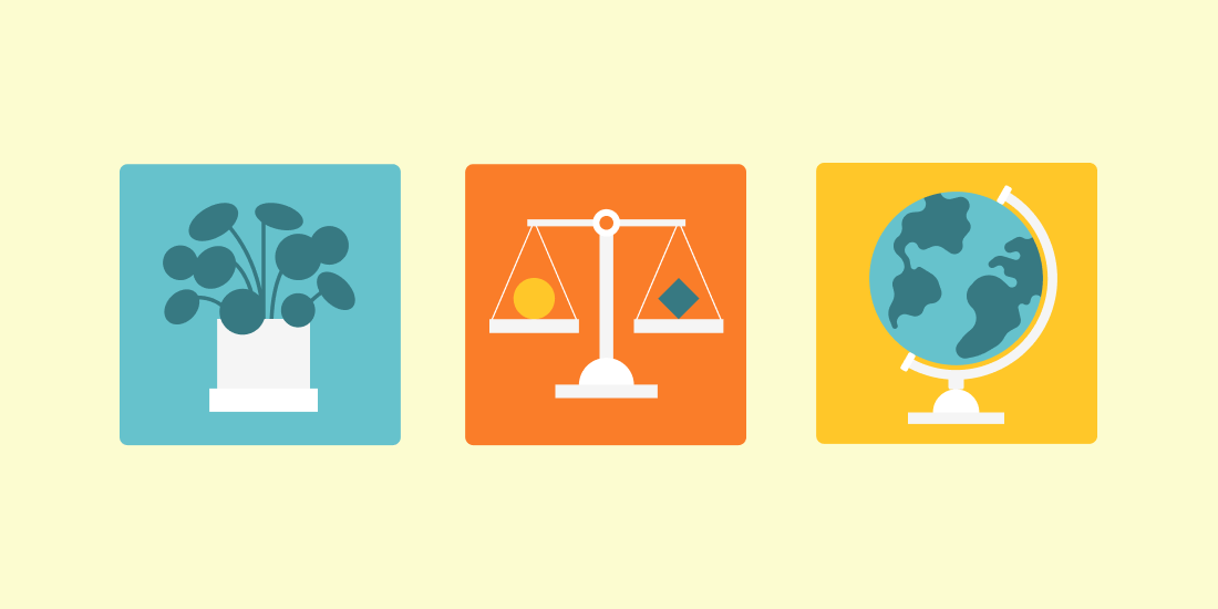 icons showing a plant, justice scale, and globe