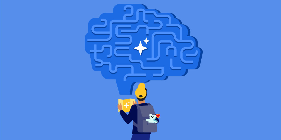 illustration of person navigating maze in the shape of a brain