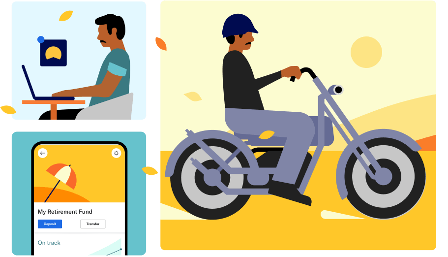 A collage showing a person on a laptop with a Betterment app, a phone with on track retirement fund, a flower, and the future person on a motorcycle.