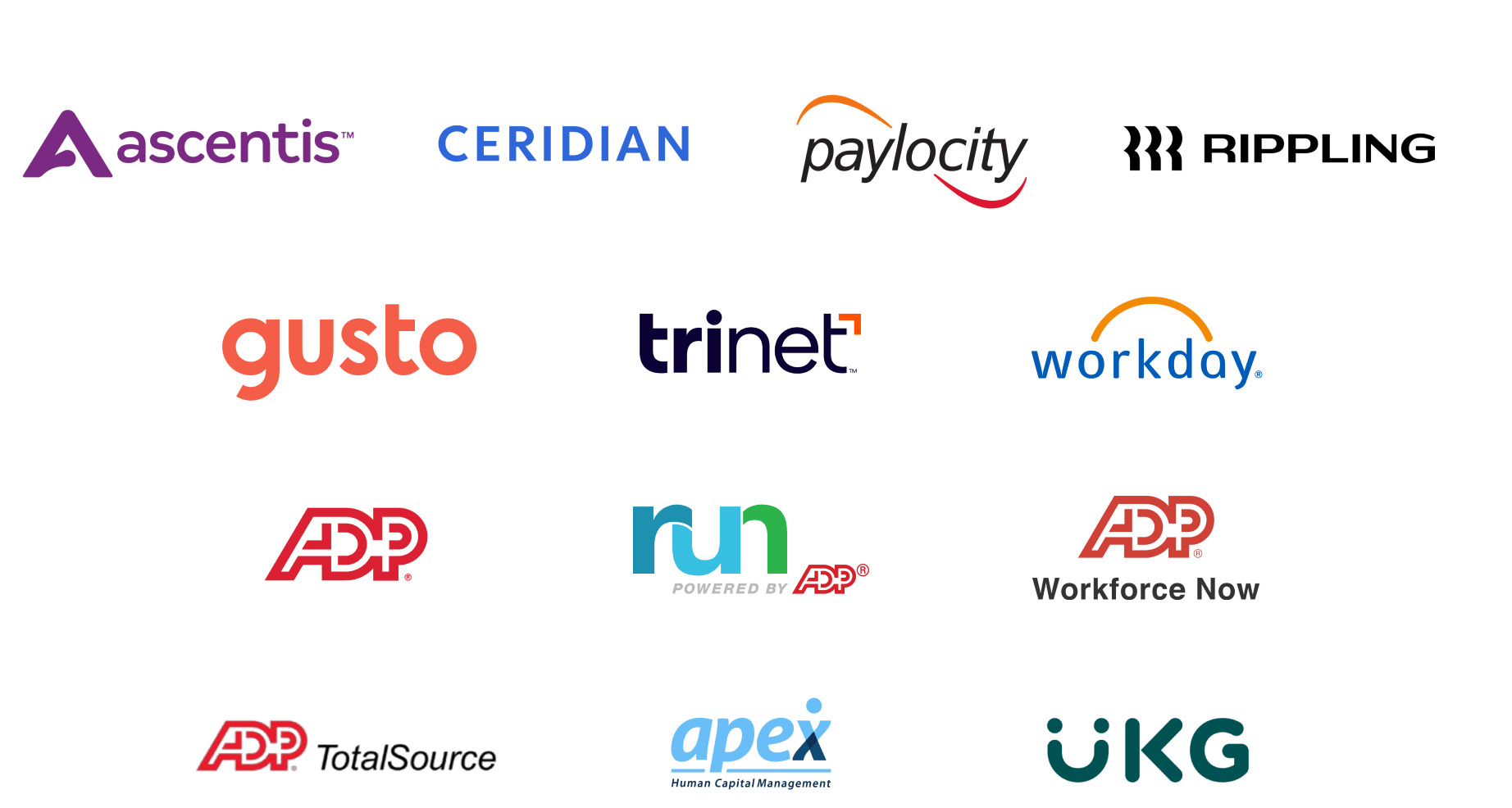 Logos of payroll providers including ascentis, ceridian, paylocity, rippling, gusto, trinet, workday, zenefits, ADP, apex, and UKG.