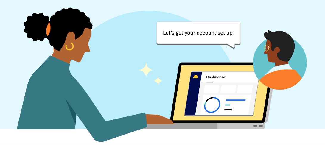 an illustration of a person using Betterment on a laptop with a financial advisor nearby saying 
