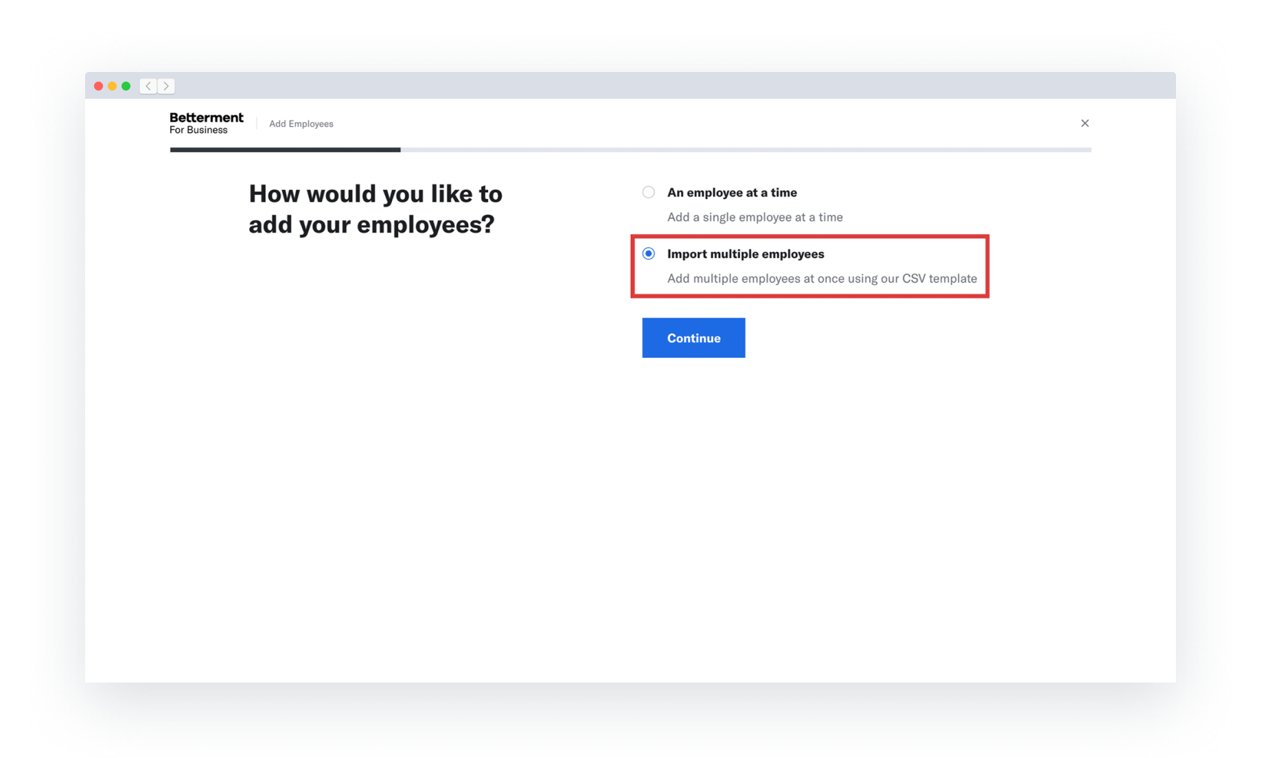 The first step of the Betterment 401k Employee Upload flow. The Import multiple employees option is highlighted.