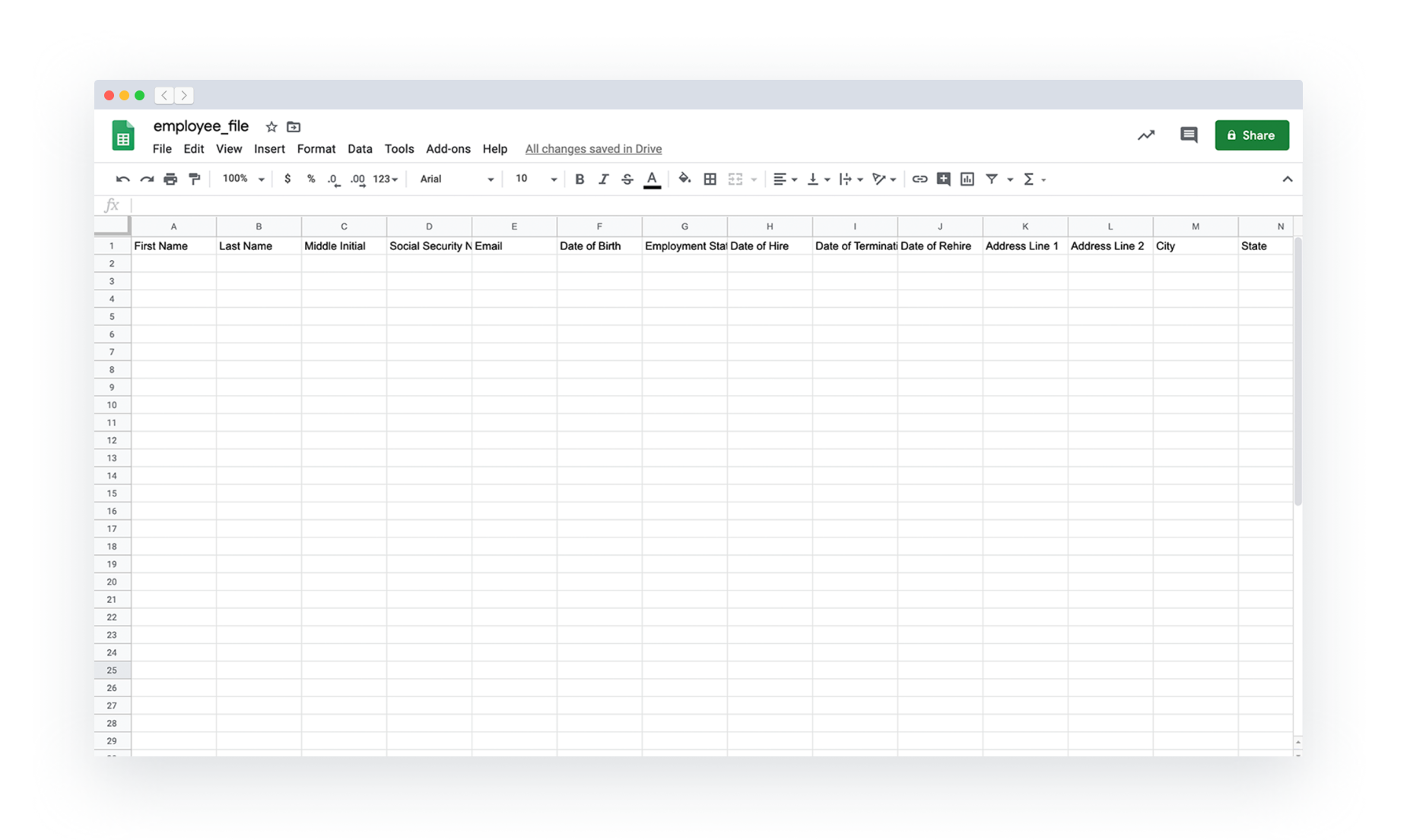 A blank Multiple Employee CSV Template open in Google Sheets.