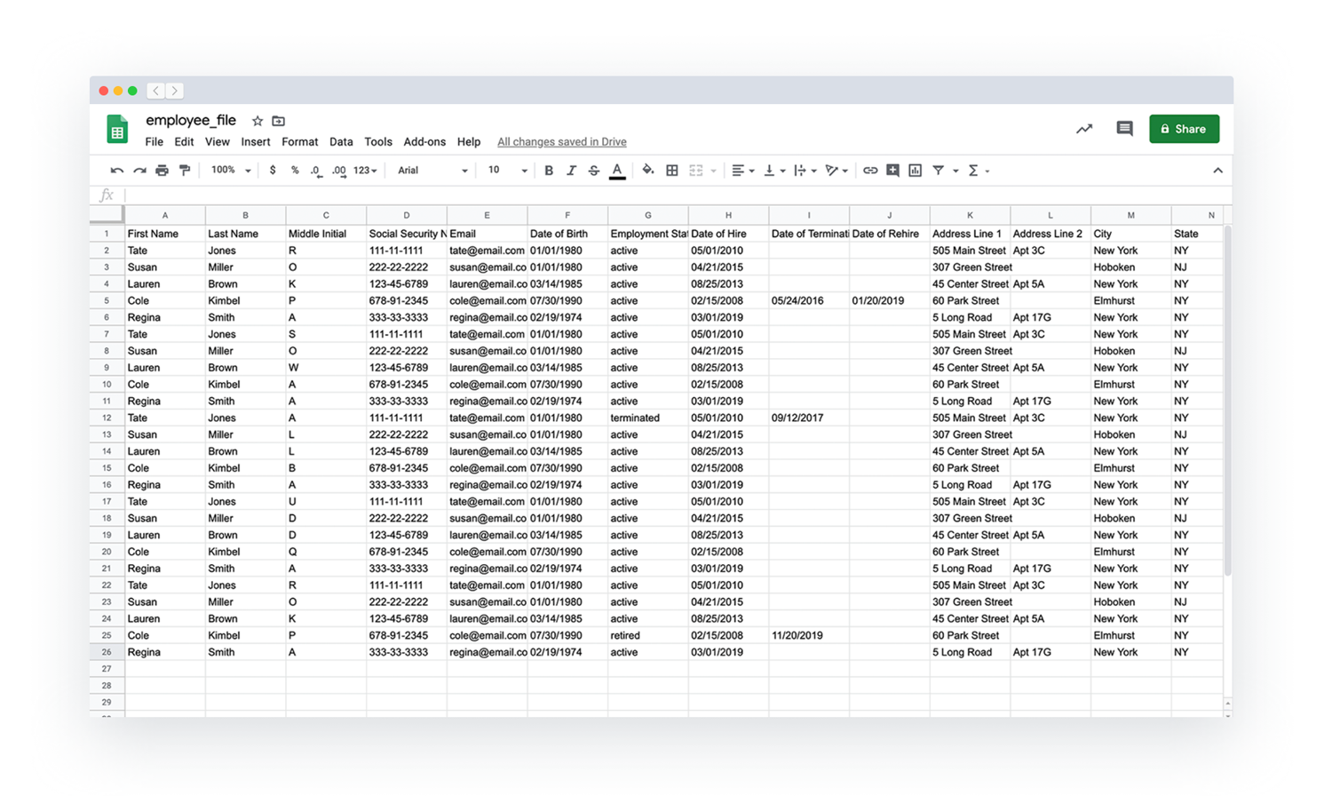 A filled in Multiple Employee CSV Template open in Google Sheets.