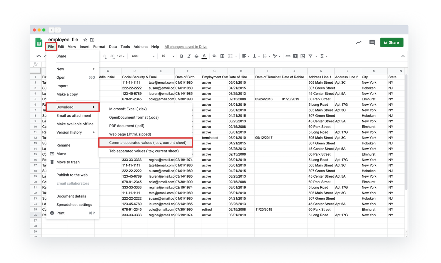 A filled in Employee Upload template being exported as a CSV file from Google Sheets.