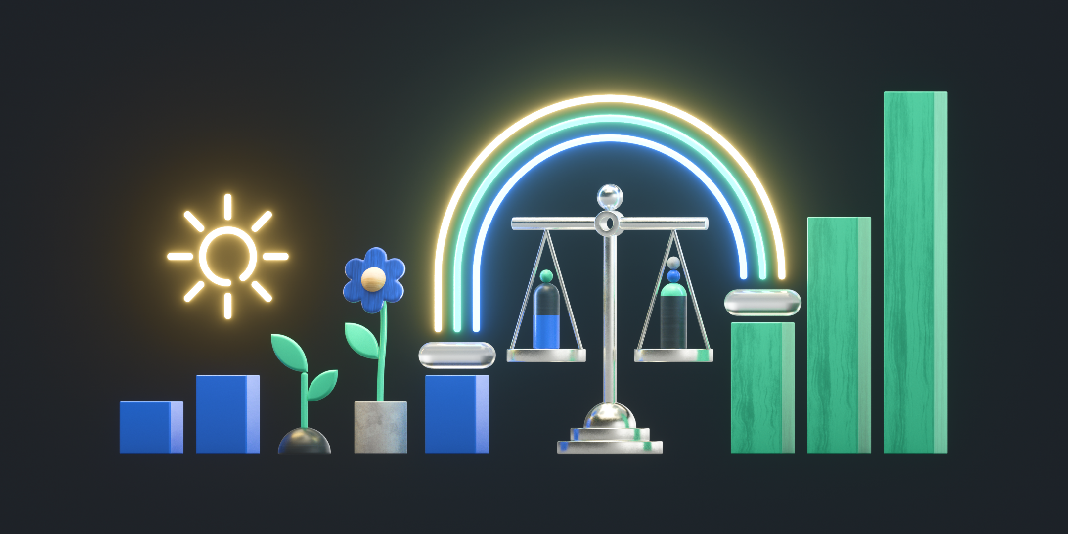 A three-dimensional illustration of a bar graph with plants and a scale, rendered with neon elements.