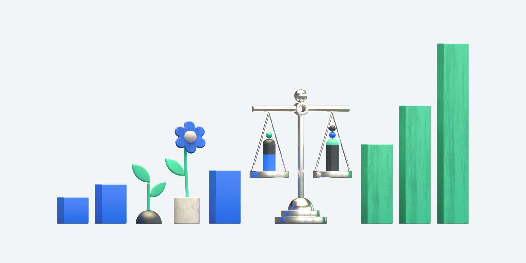 A three-dimensional illustration of a bar graph with plants and a scale.