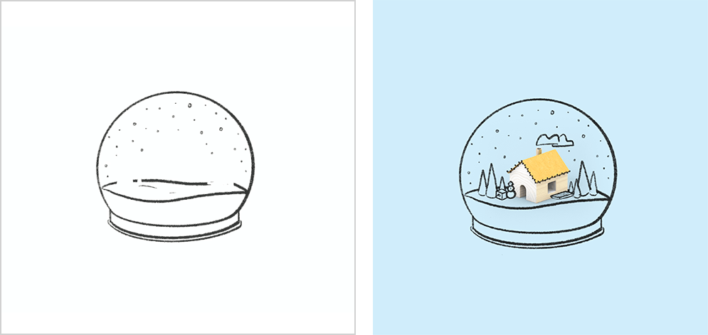 Left image is a timelapse of the sketches. Right image is a house in a snow globe.
