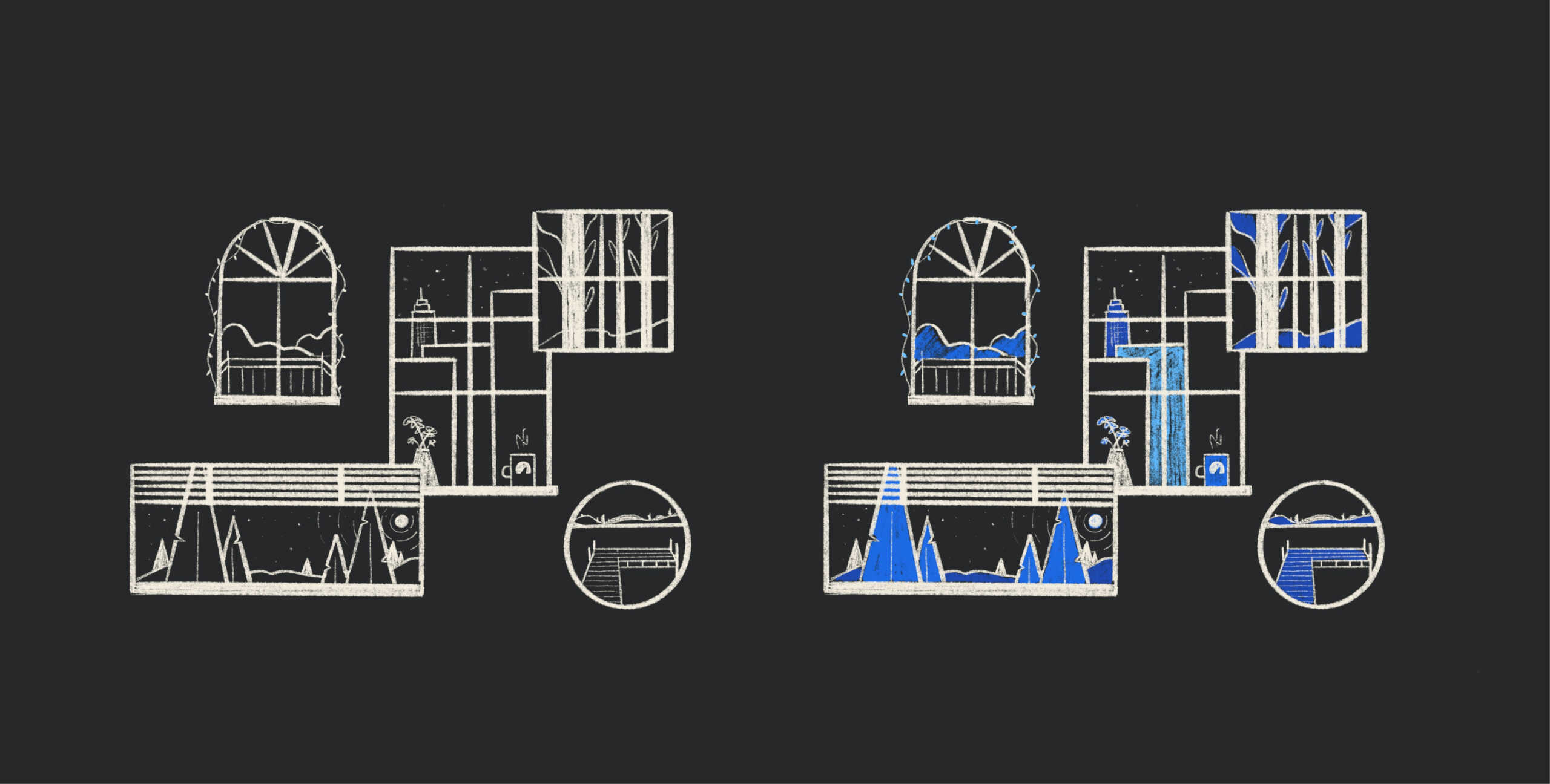 Sketch of various windows looking out into different scenery.