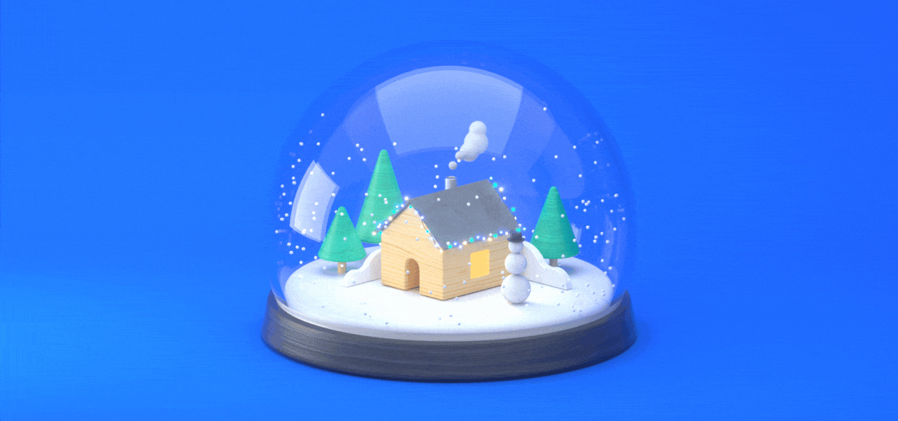 The final holiday animation, a snow globe with a cozy house, snowman and winter scene.