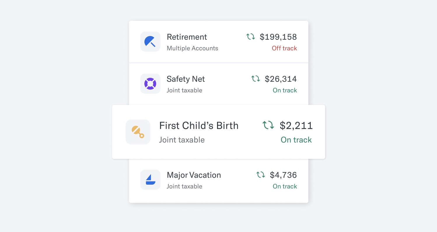 four betterment goals shown floating: retirement with $199,158; safety net with $26,314, first child's birth with $2,211, and major vacation with $4,786