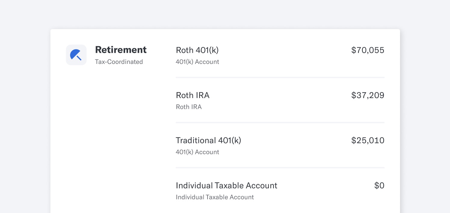 retirement account screen showing roth 401(k), roth IRA, and traditional 401(k) with a taxable account